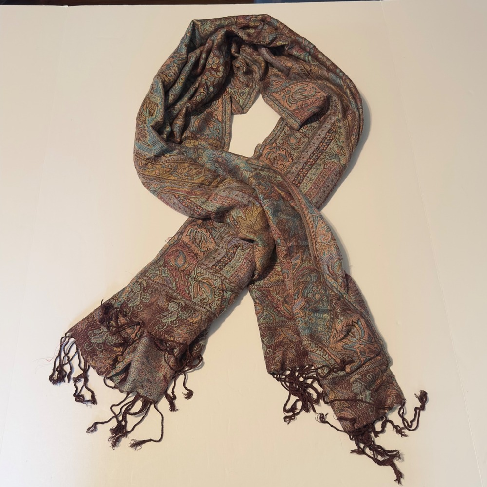 Elohim Embroidered Paisley Pashmina Shawl Scarf Burgundy Teal Gold Fringe Wrap